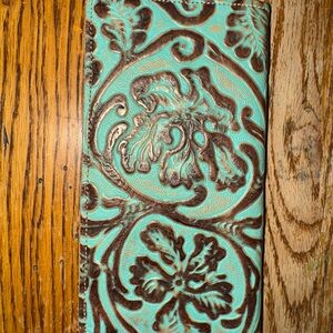 Floral Embossed Turquoise and Brown checkbook holder